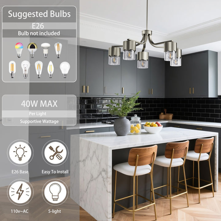 Glimmer 5-light 28"w Gold/black/nickel Modern/traditional Spider Chandelier With Clear Glass Shades For Dining Room Or Kitchen #29034