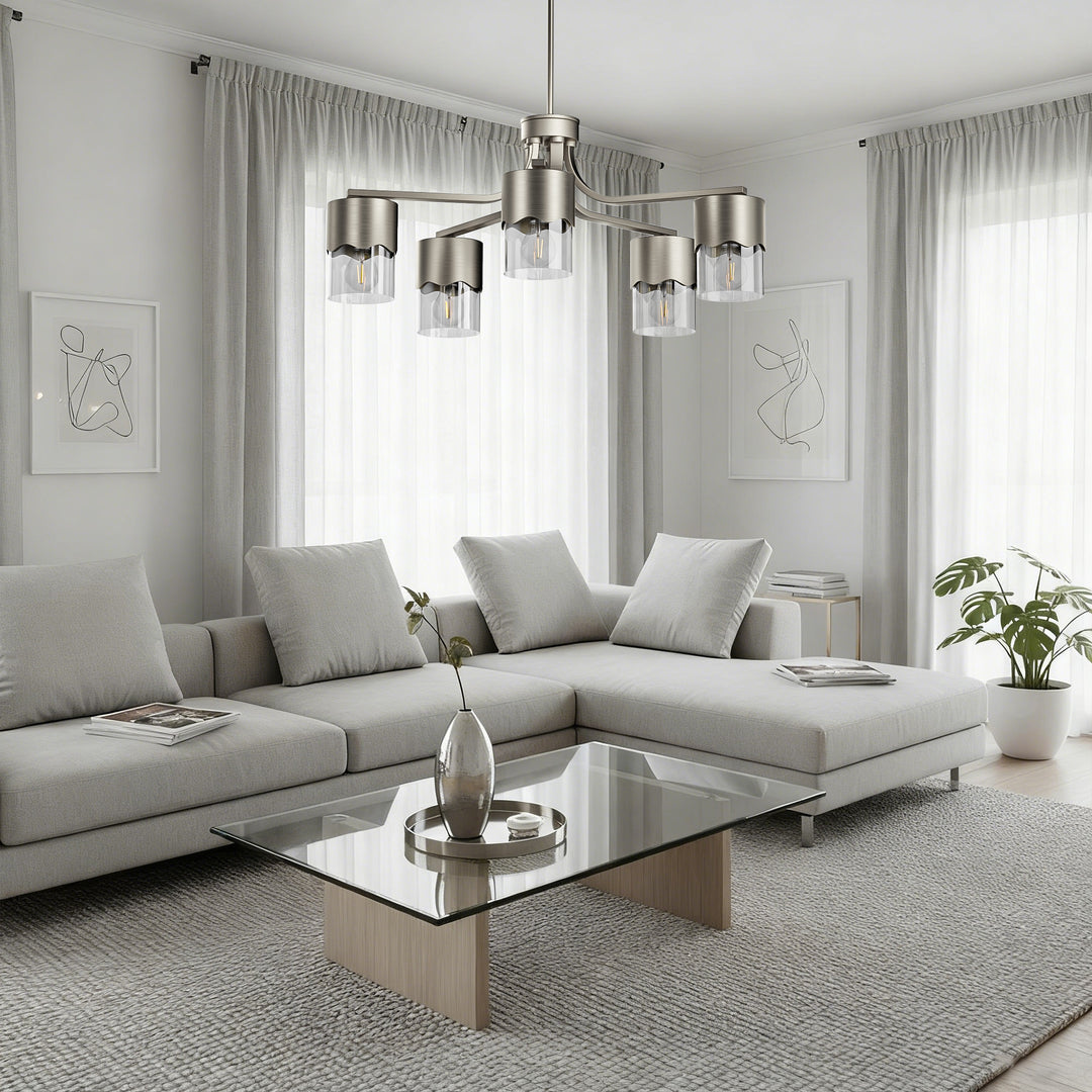 Glimmer 5-light 28"w Gold/black/nickel Modern/traditional Spider Chandelier With Clear Glass Shades For Dining Room Or Kitchen #29034