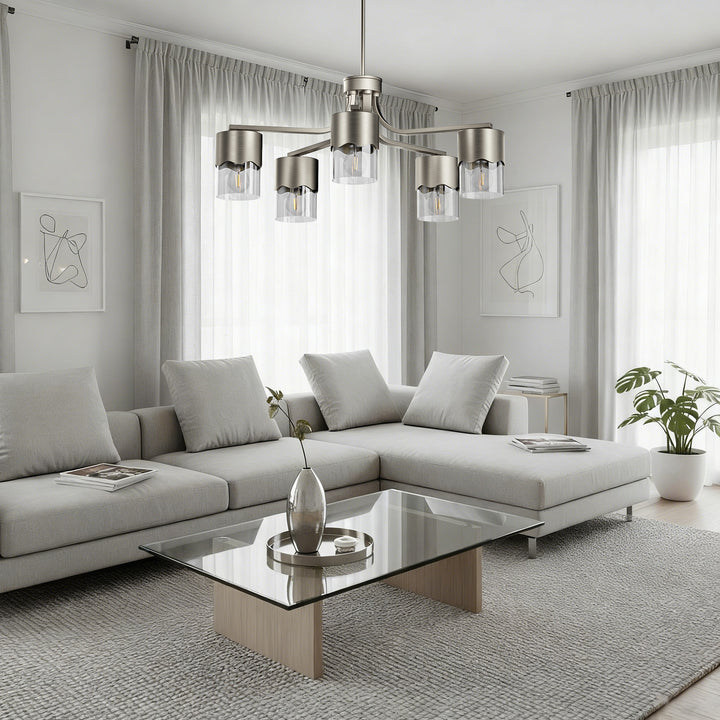 Glimmer 5-light 28"w Gold/black/nickel Modern/traditional Spider Chandelier With Clear Glass Shades For Dining Room Or Kitchen #29034