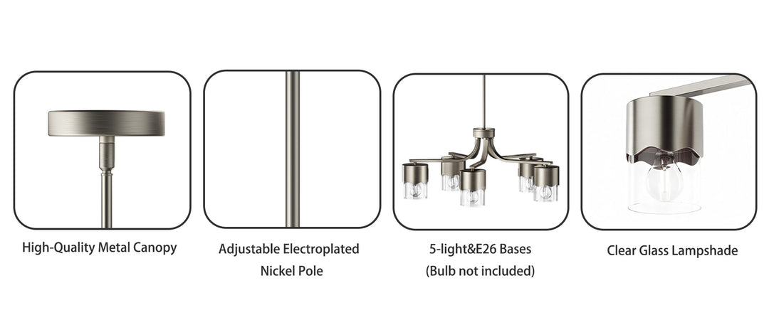 Glimmer 5-light 28"w Gold/black/nickel Modern/traditional Spider Chandelier With Clear Glass Shades For Dining Room Or Kitchen #29034