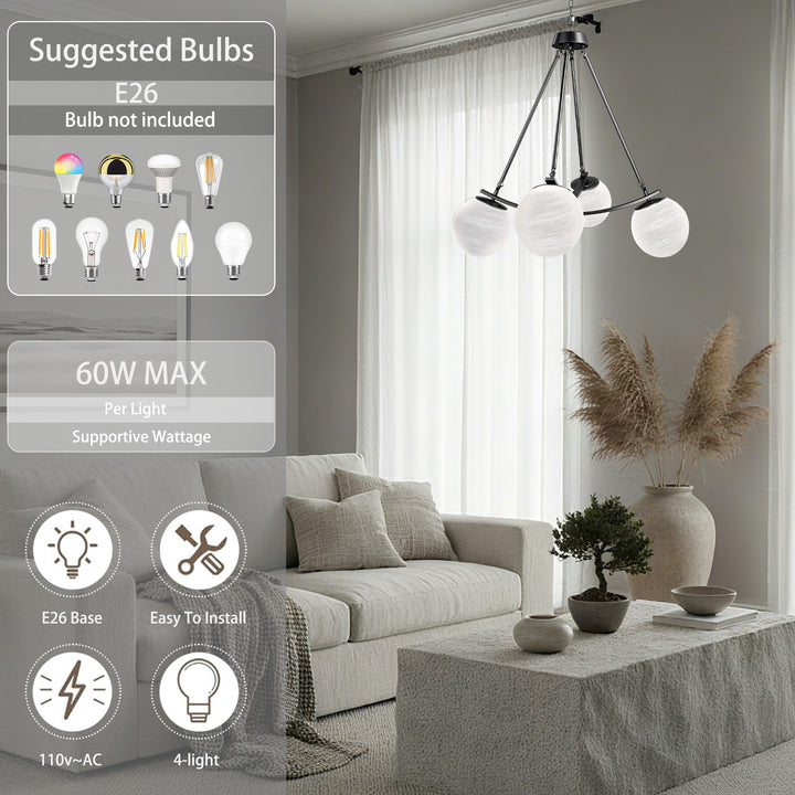 Nimbus 4-light 33"w Black/brass Modern Chandelier For Dining Room Or Kitchen Island,feature Frosted Globe Glass Shades #29035