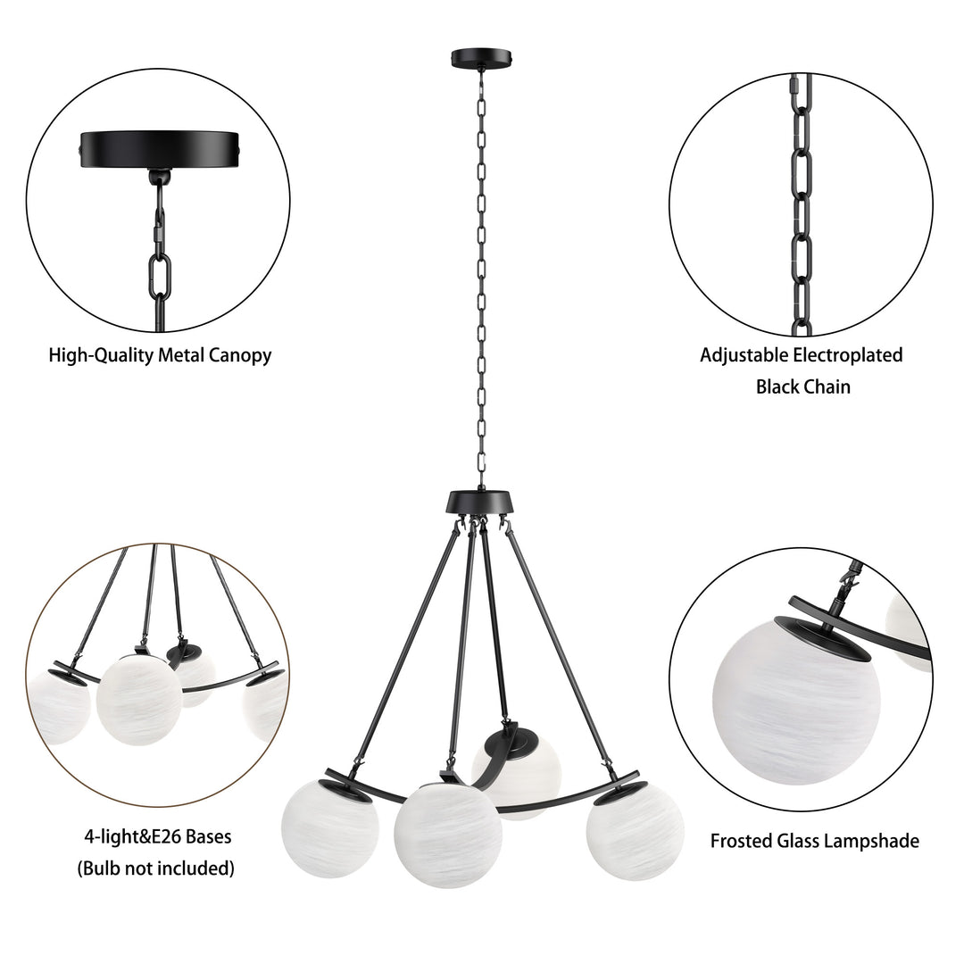 Nimbus 4-light 33"w Black/brass Modern Chandelier For Dining Room Or Kitchen Island,feature Frosted Globe Glass Shades #29035