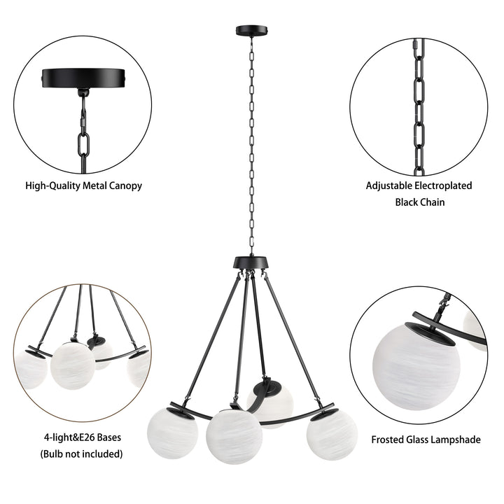 Nimbus 4-light 33"w Black/brass Modern Chandelier For Dining Room Or Kitchen Island,feature Frosted Globe Glass Shades #29035