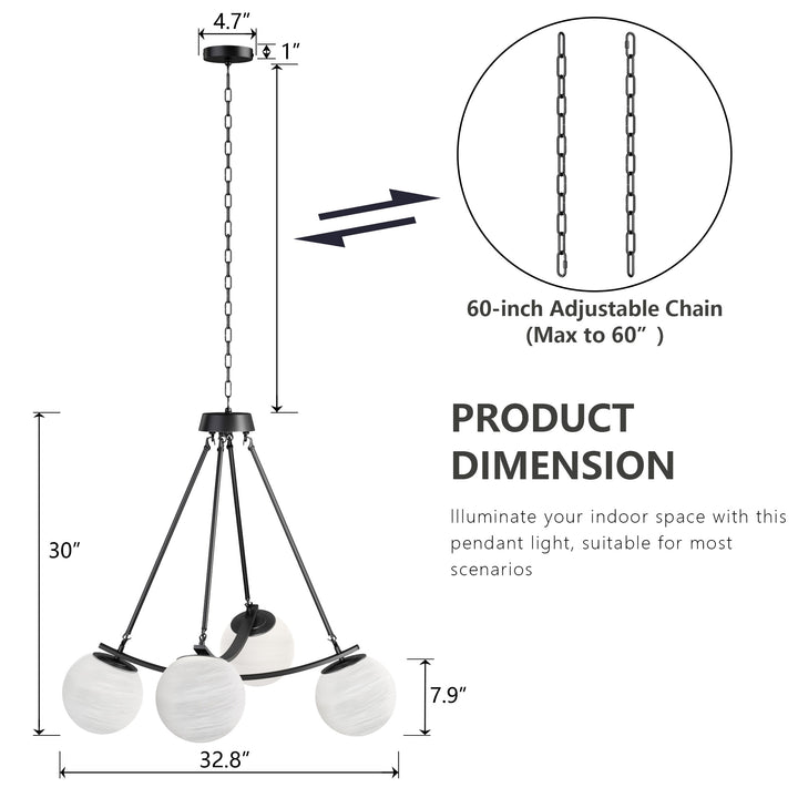 Nimbus 4-light 33"w Black/brass Modern Chandelier For Dining Room Or Kitchen Island,feature Frosted Globe Glass Shades #29035