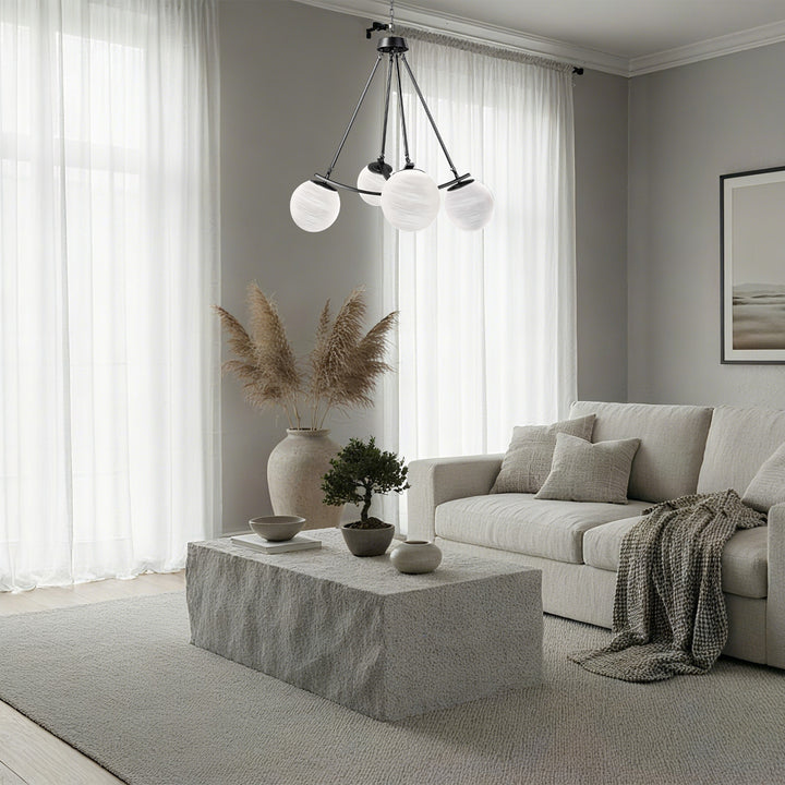 Nimbus 4-light 33"w Black/brass Modern Chandelier For Dining Room Or Kitchen Island,feature Frosted Globe Glass Shades #29035