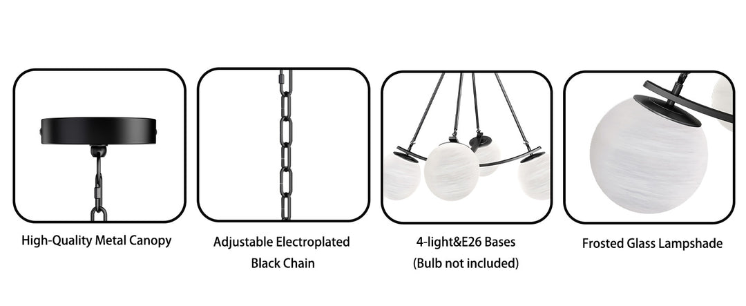 Nimbus 4-light 33"w Black/brass Modern Chandelier For Dining Room Or Kitchen Island,feature Frosted Globe Glass Shades #29035