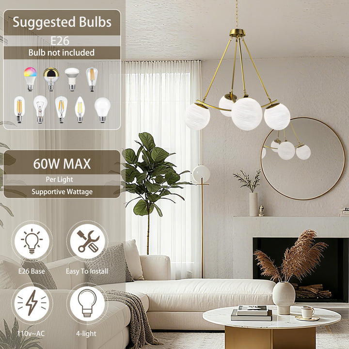 Nimbus 4-light 33"w Black/brass Modern Chandelier For Dining Room Or Kitchen Island,feature Frosted Globe Glass Shades #29035