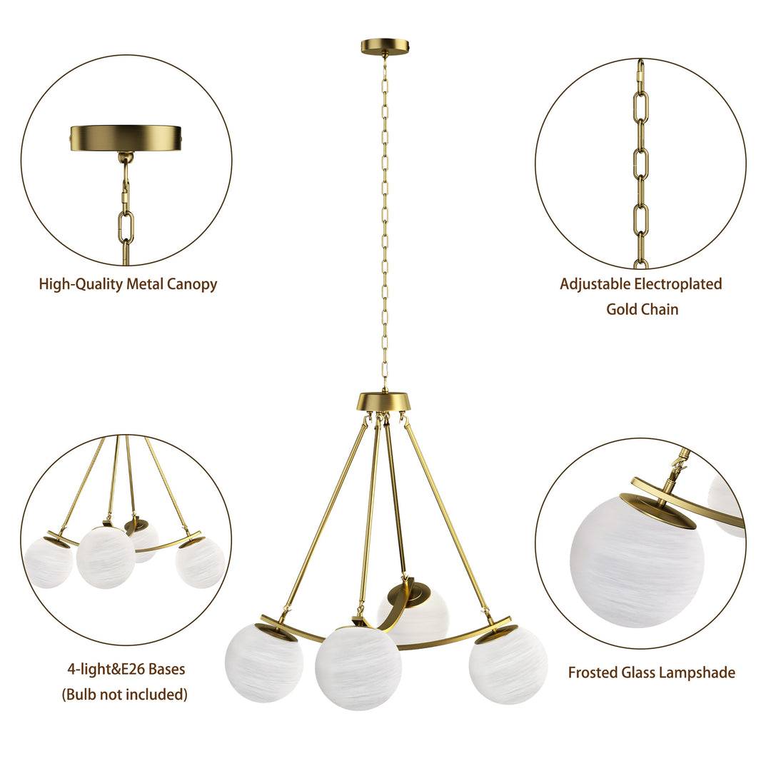 Nimbus 4-light 33"w Black/brass Modern Chandelier For Dining Room Or Kitchen Island,feature Frosted Globe Glass Shades #29035