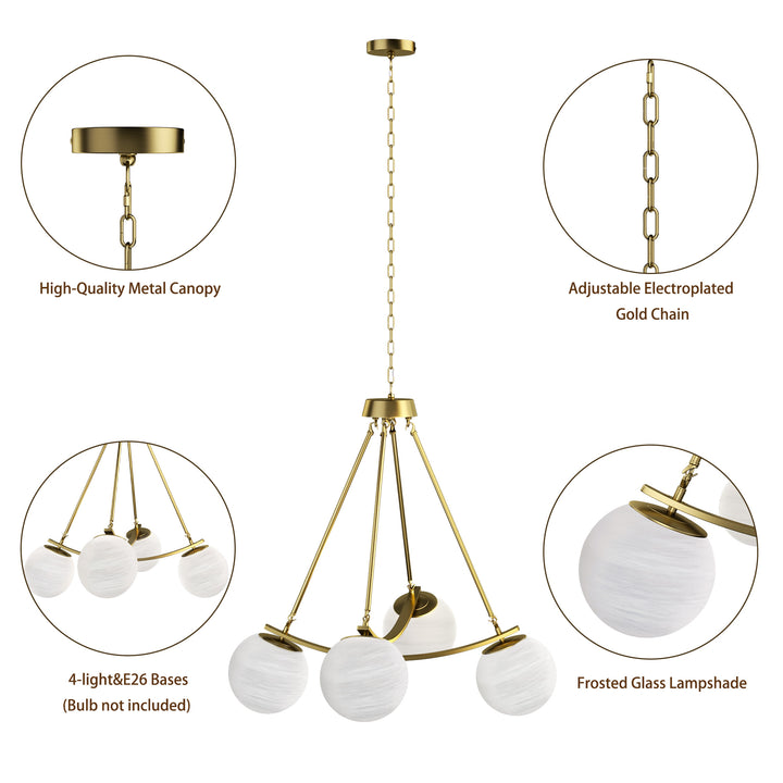 Nimbus 4-light 33"w Black/brass Modern Chandelier For Dining Room Or Kitchen Island,feature Frosted Globe Glass Shades #29035