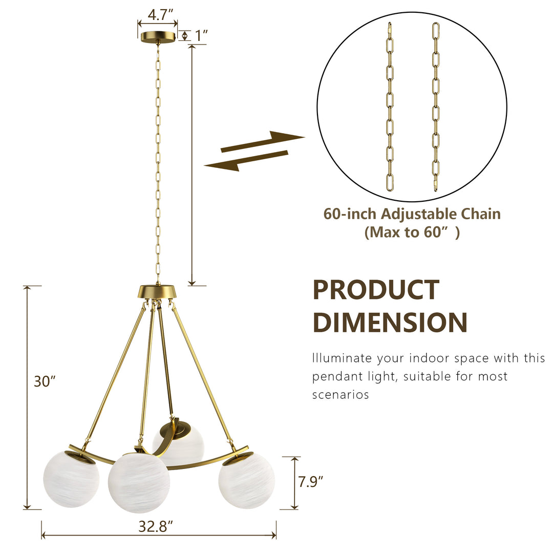 Nimbus 4-light 33"w Black/brass Modern Chandelier For Dining Room Or Kitchen Island,feature Frosted Globe Glass Shades #29035