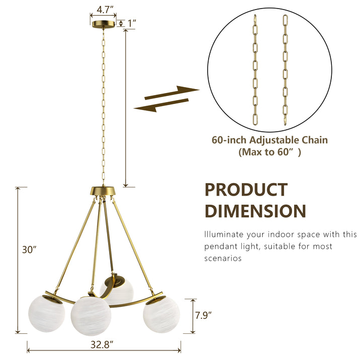 Nimbus 4-light 33"w Black/brass Modern Chandelier For Dining Room Or Kitchen Island,feature Frosted Globe Glass Shades #29035