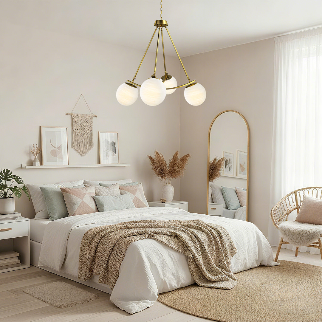 Nimbus 4-light 33"w Black/brass Modern Chandelier For Dining Room Or Kitchen Island,feature Frosted Globe Glass Shades #29035