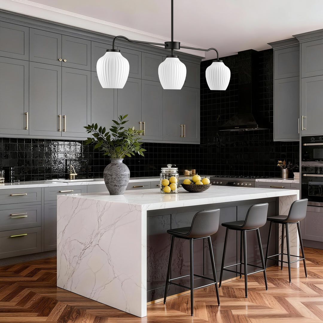 Glimmer 3-Light 36"W Black/Gold Modern Linear Pendant With Frosted Glass Shades For Kitchen Island Or Dining Room #29037