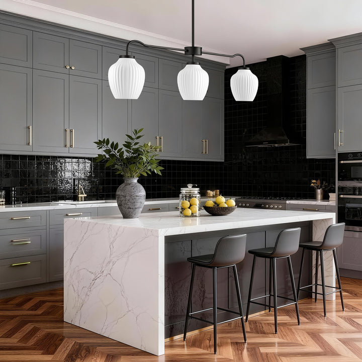 Glimmer 3-Light 36"W Black/Gold Modern Linear Pendant With Frosted Glass Shades For Kitchen Island Or Dining Room #29037