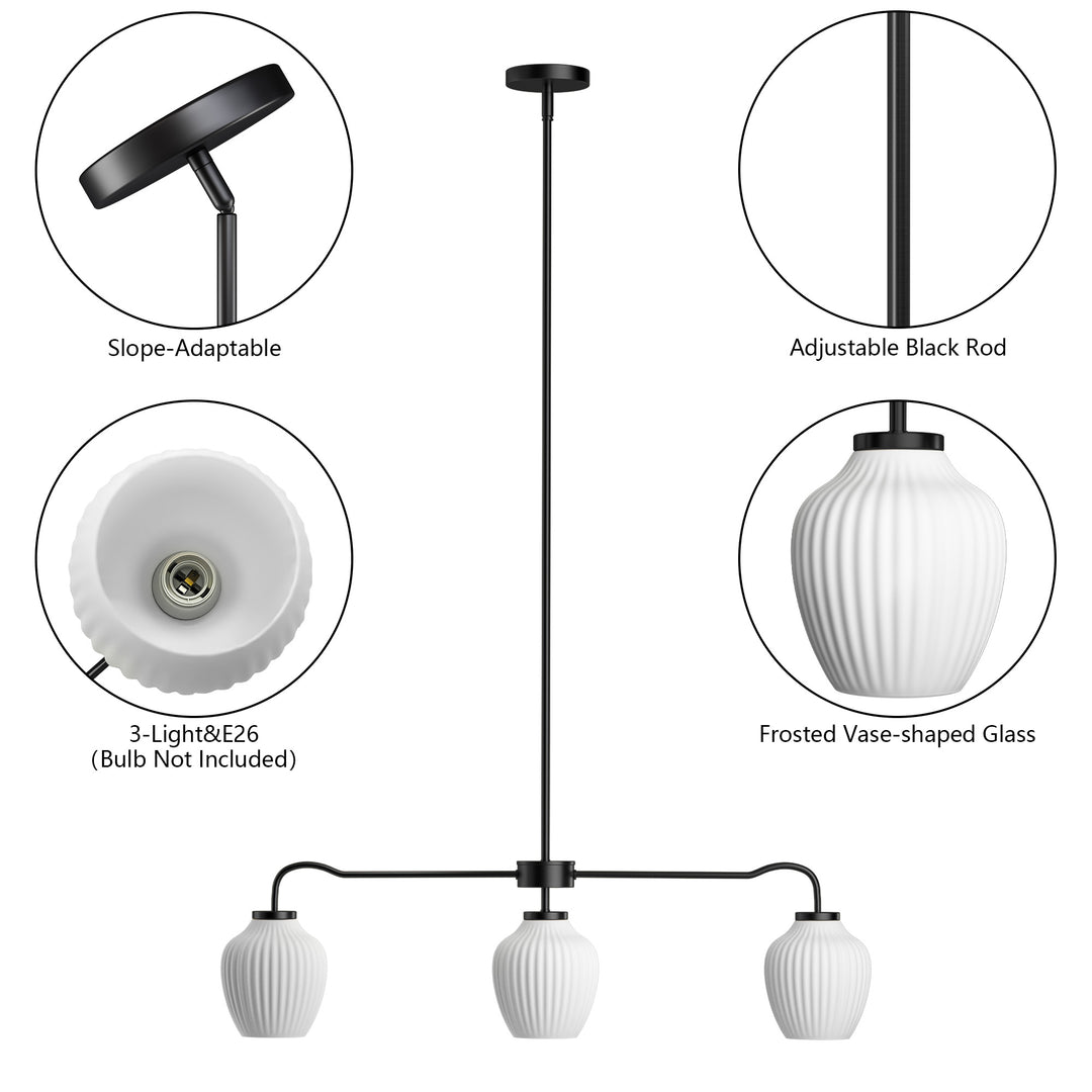 Glimmer 3-Light 36"W Black/Gold Modern Linear Pendant With Frosted Glass Shades For Kitchen Island Or Dining Room #29037