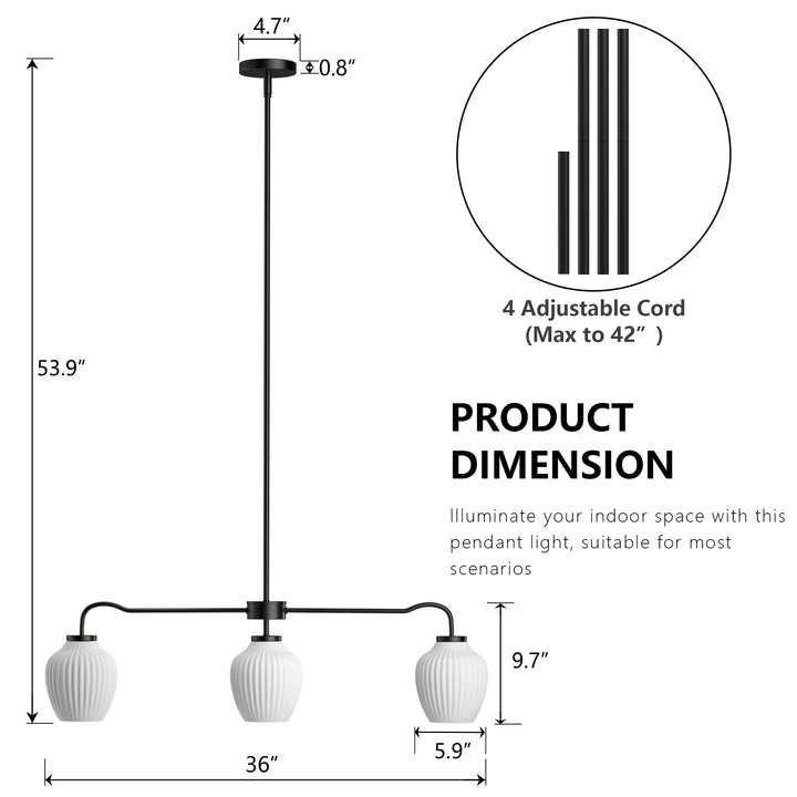 Glimmer 3-Light 36"W Black/Gold Modern Linear Pendant With Frosted Glass Shades For Kitchen Island Or Dining Room #29037