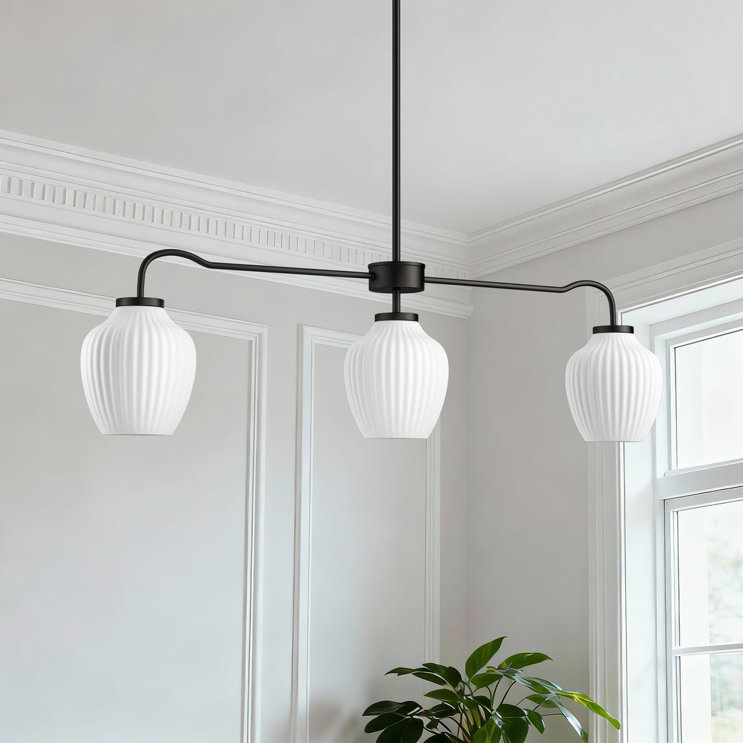 Glimmer 3-Light 36"W Black/Gold Modern Linear Pendant With Frosted Glass Shades For Kitchen Island Or Dining Room #29037