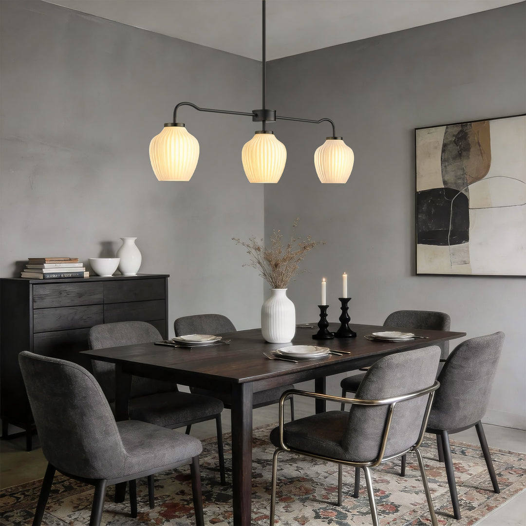 Glimmer 3-Light 36"W Black/Gold Modern Linear Pendant With Frosted Glass Shades For Kitchen Island Or Dining Room #29037