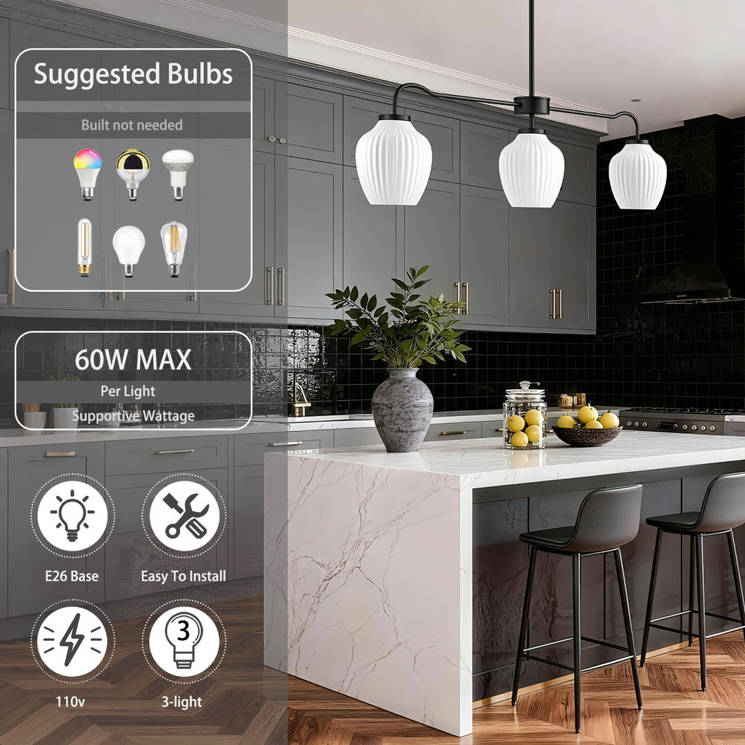 Glimmer 3-Light 36"W Black/Gold Modern Linear Pendant With Frosted Glass Shades For Kitchen Island Or Dining Room #29037