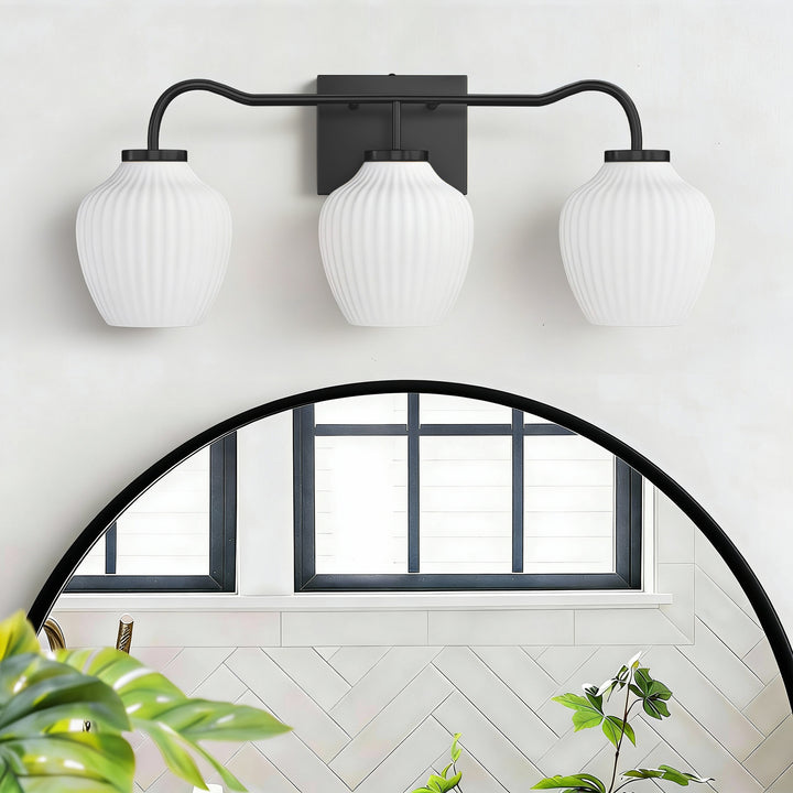 3-light 24''W Dimmable Black Wrought Iron Bathroom Vanity Lights with Frosted Milk White Shade #29037