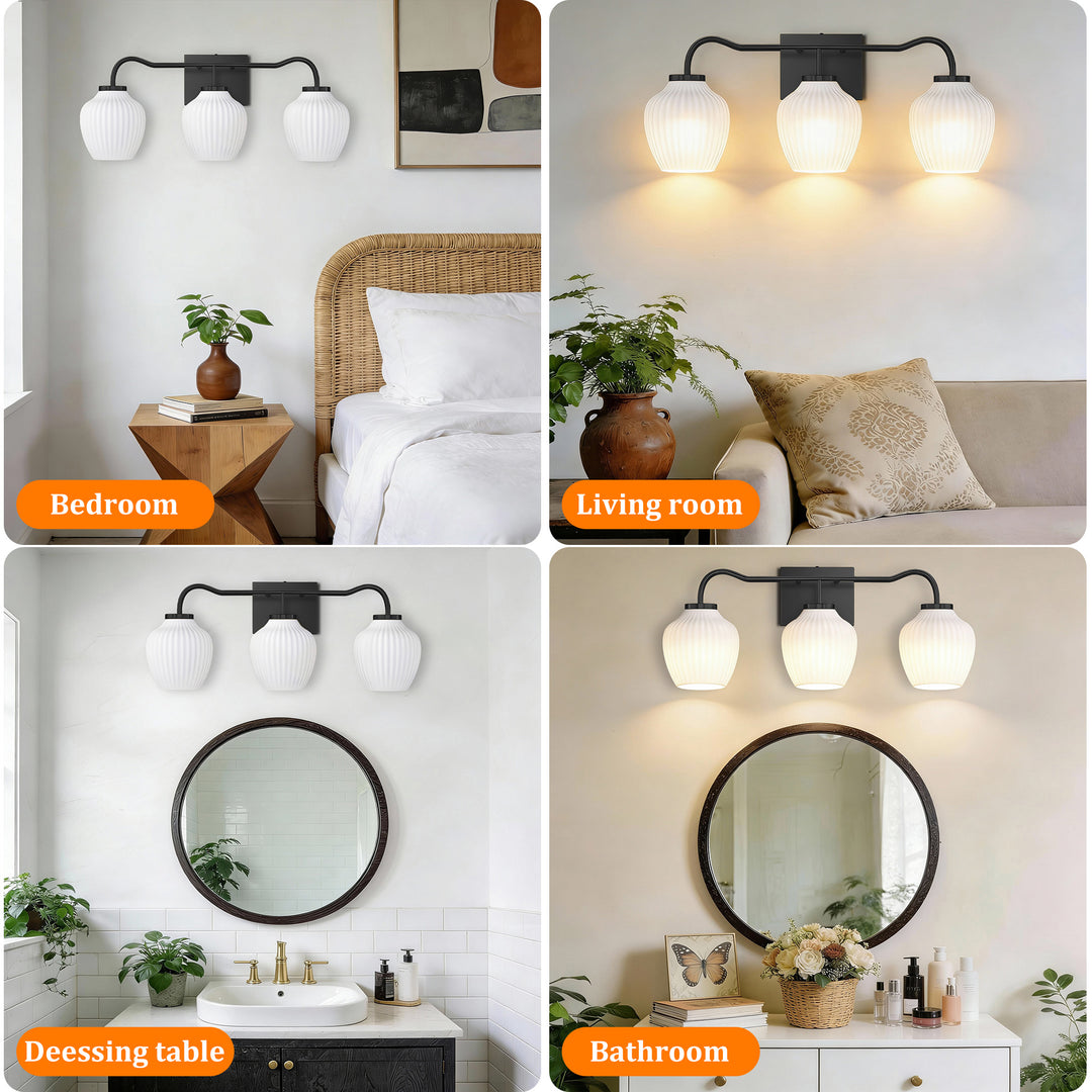 3-light 24''W Dimmable Black Wrought Iron Bathroom Vanity Lights with Frosted Milk White Shade #29037