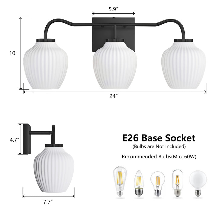 3-light 24''W Dimmable Black Wrought Iron Bathroom Vanity Lights with Frosted Milk White Shade #29037