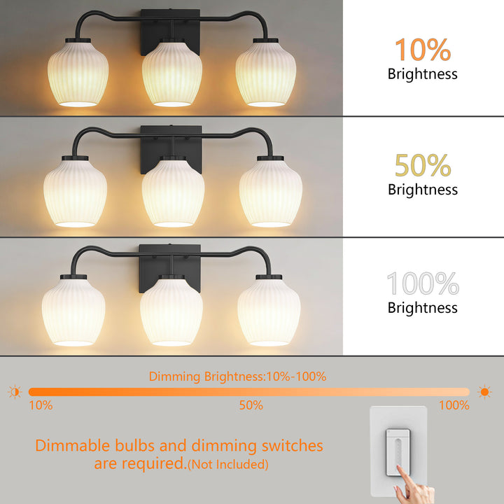 3-light 24''W Dimmable Black Wrought Iron Bathroom Vanity Lights with Frosted Milk White Shade #29037