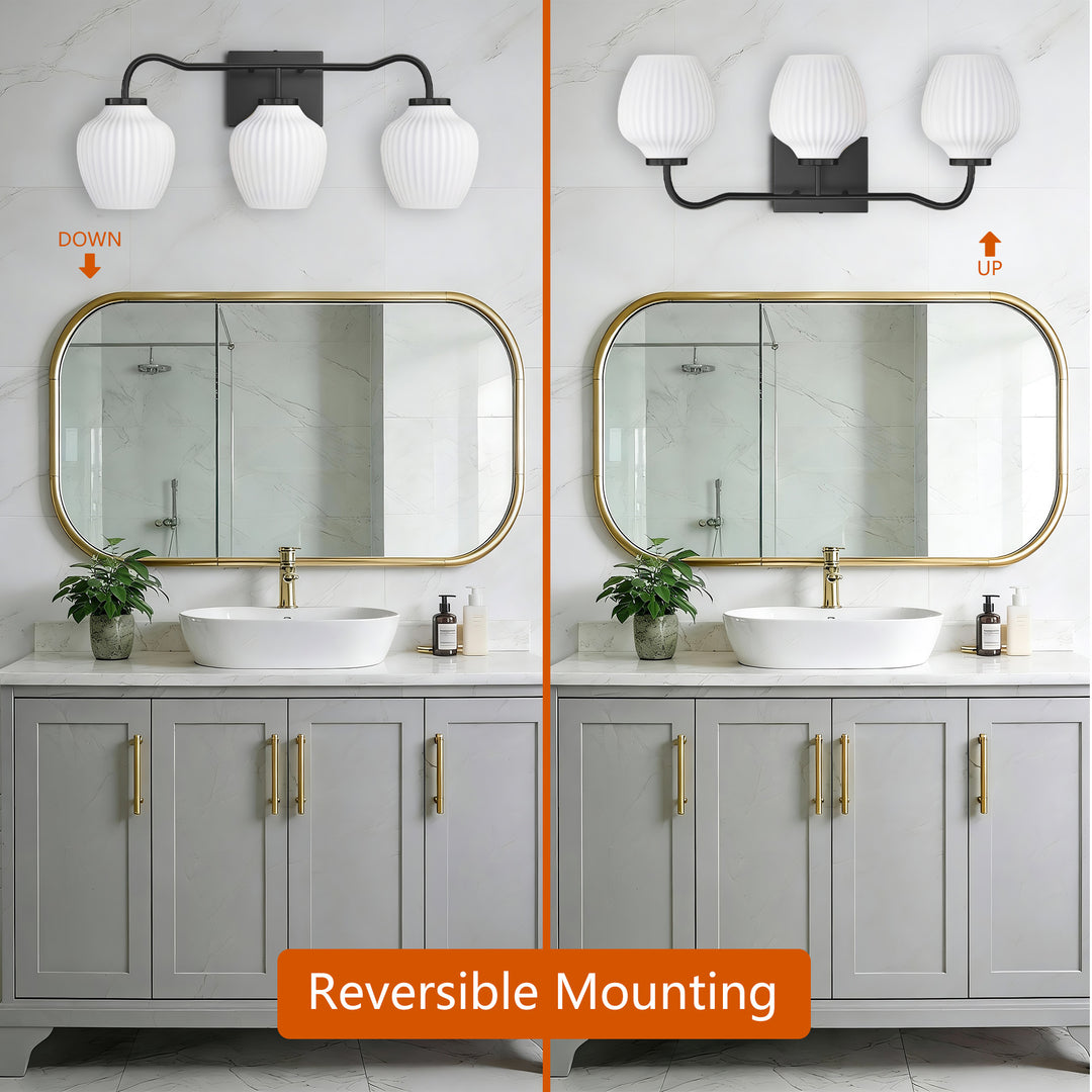 3-light 24''W Dimmable Black Wrought Iron Bathroom Vanity Lights with Frosted Milk White Shade #29037