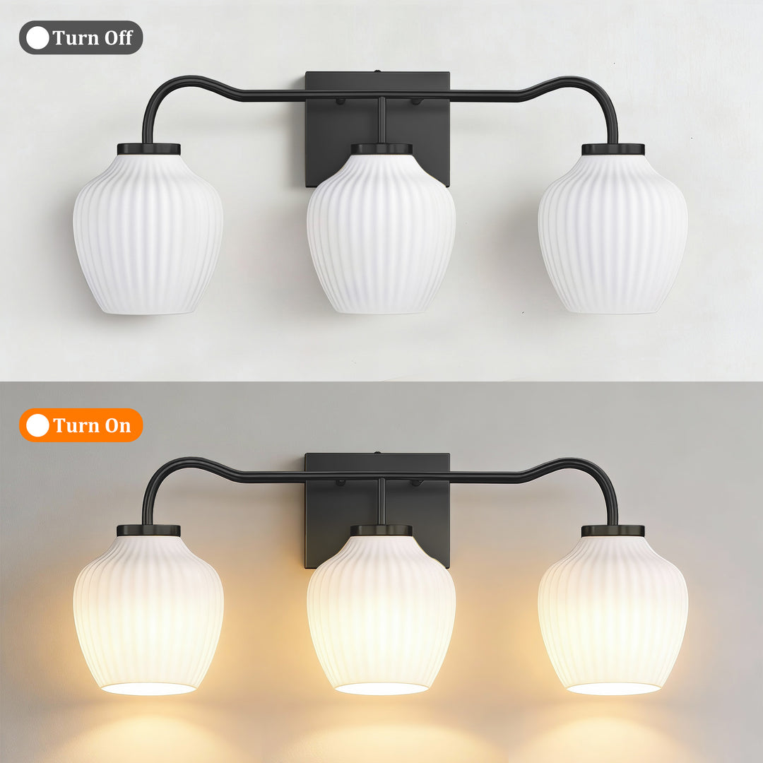 3-light 24''W Dimmable Black Wrought Iron Bathroom Vanity Lights with Frosted Milk White Shade #29037