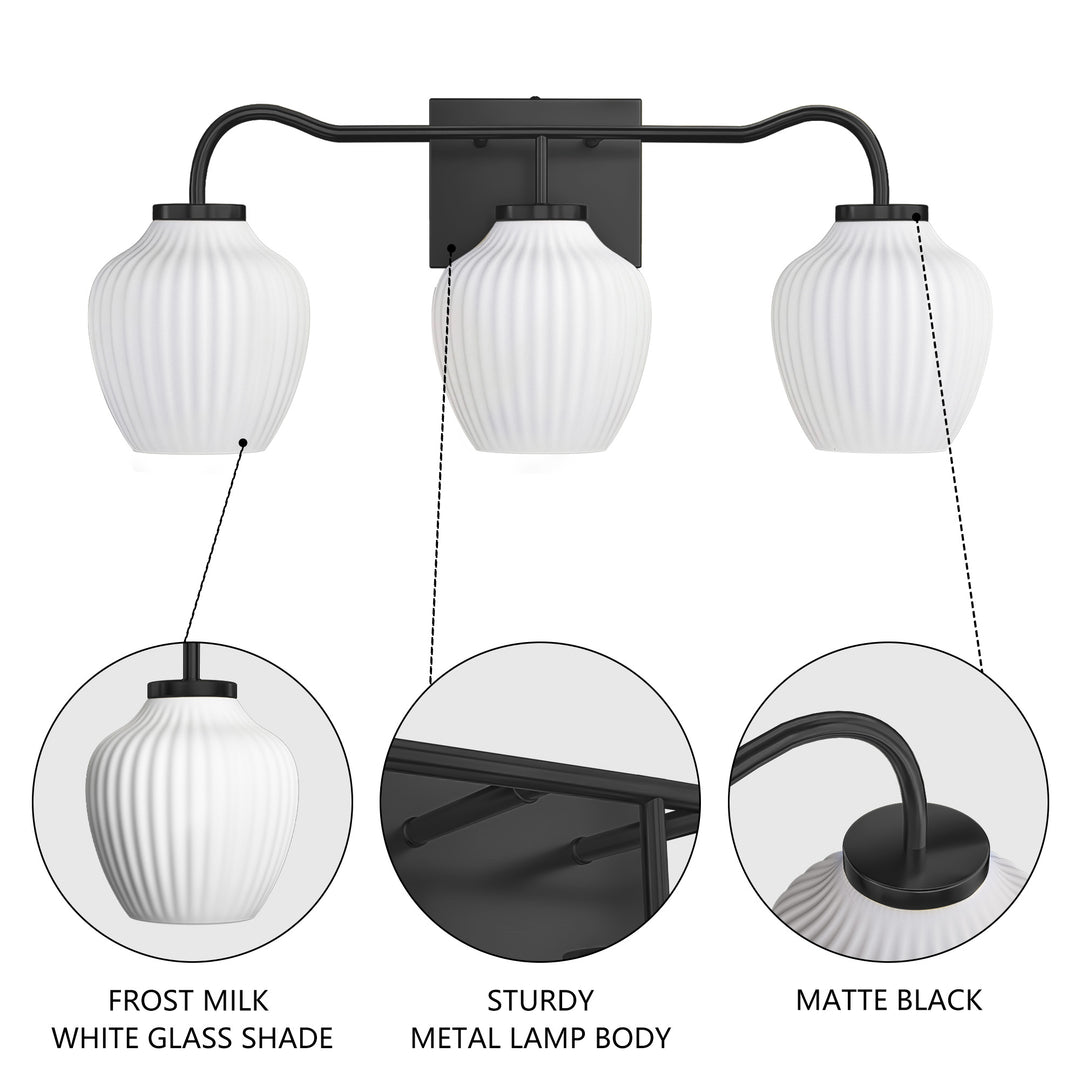 3-light 24''W Dimmable Black Wrought Iron Bathroom Vanity Lights with Frosted Milk White Shade #29037