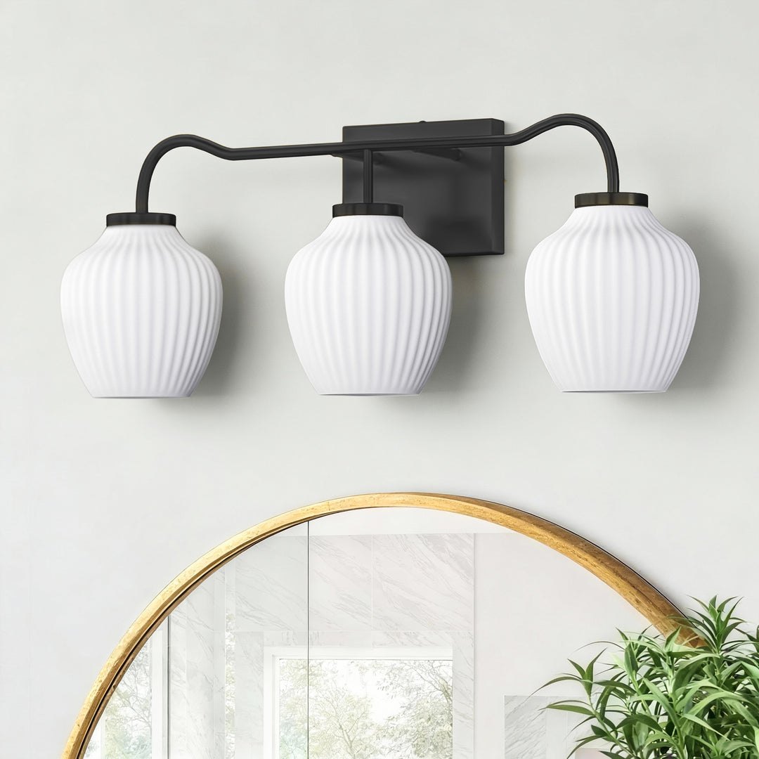 3-light 24''W Dimmable Black Wrought Iron Bathroom Vanity Lights with Frosted Milk White Shade #29037