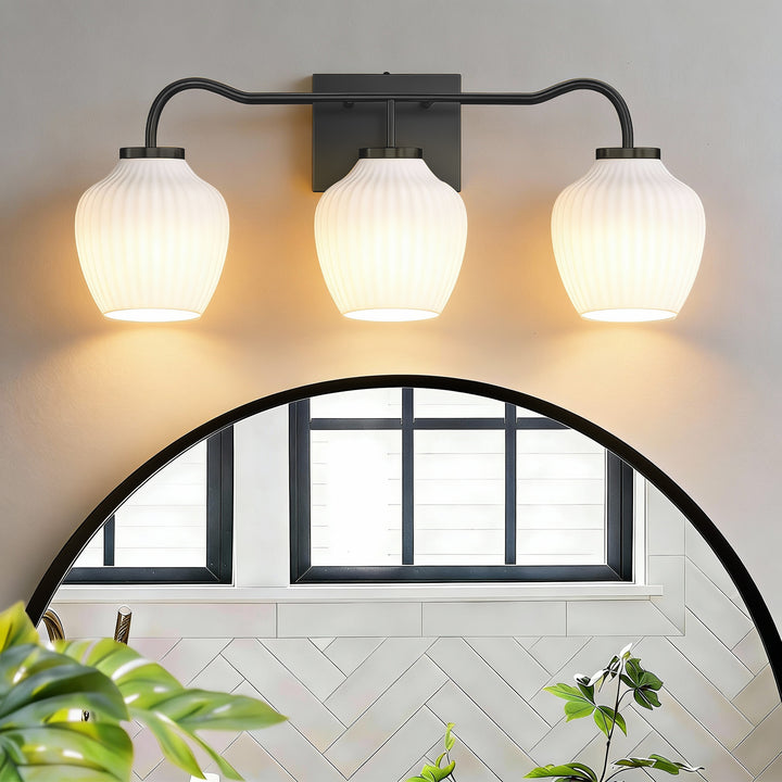 3-light 24''W Dimmable Black Wrought Iron Bathroom Vanity Lights with Frosted Milk White Shade #29037
