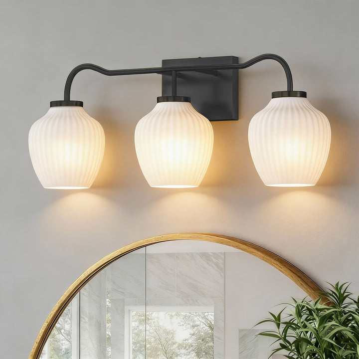 3-light 24''W Dimmable Black Wrought Iron Bathroom Vanity Lights with Frosted Milk White Shade #29037