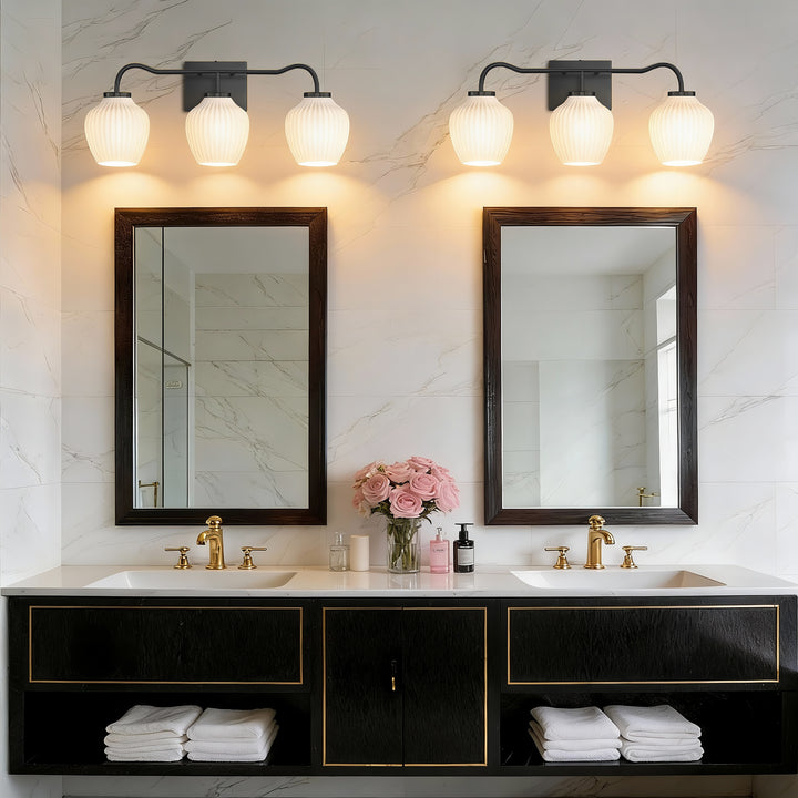 3-light 24''W Dimmable Black Wrought Iron Bathroom Vanity Lights with Frosted Milk White Shade #29037