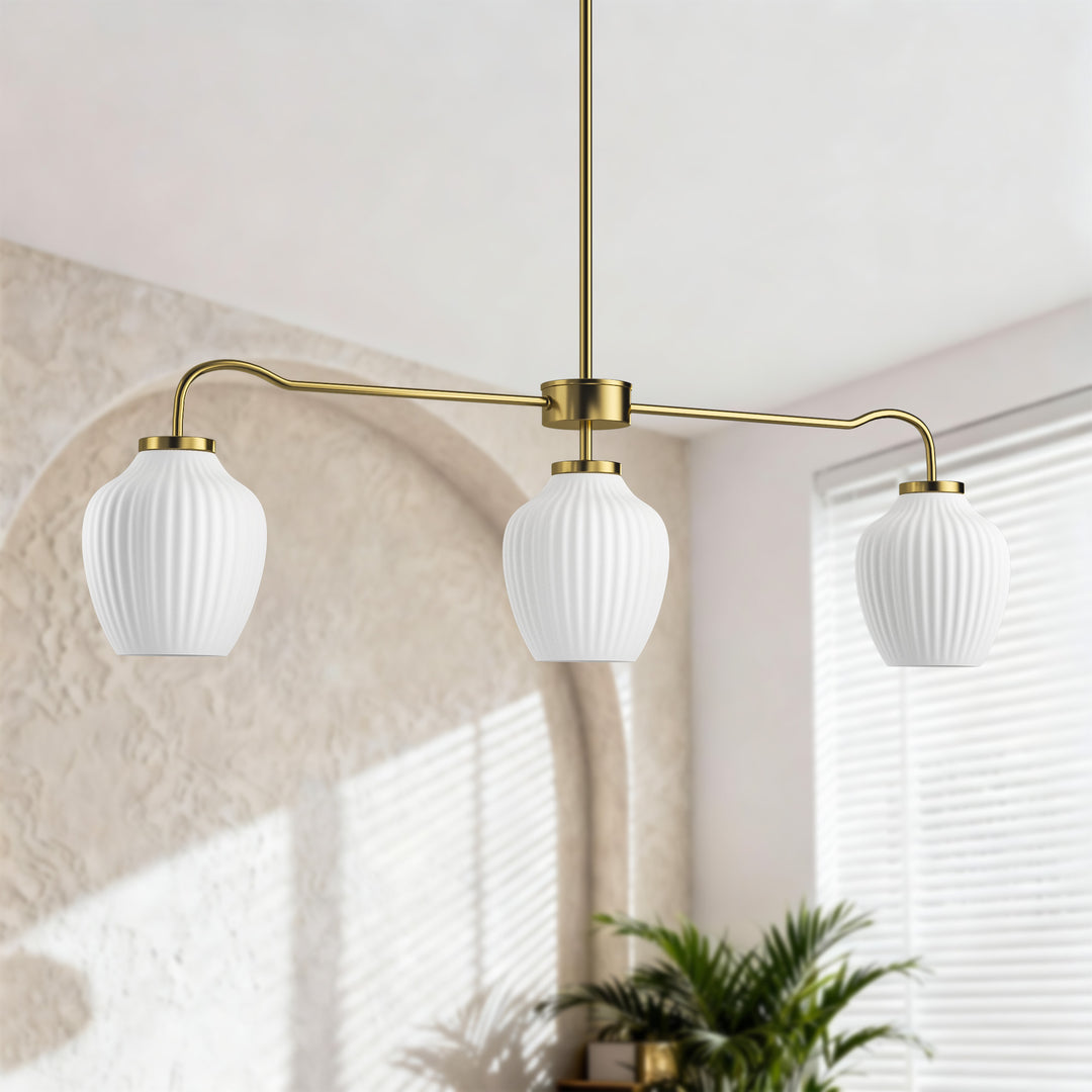 Glimmer 3-Light 36"W Black/Gold Modern Linear Pendant With Frosted Glass Shades For Kitchen Island Or Dining Room #29037