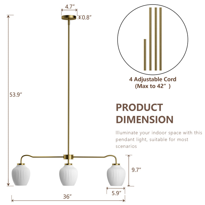 Glimmer 3-Light 36"W Black/Gold Modern Linear Pendant With Frosted Glass Shades For Kitchen Island Or Dining Room #29037