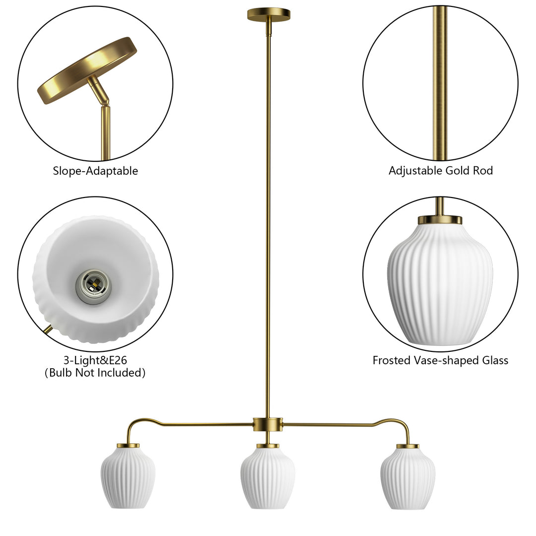 Glimmer 3-Light 36"W Black/Gold Modern Linear Pendant With Frosted Glass Shades For Kitchen Island Or Dining Room #29037