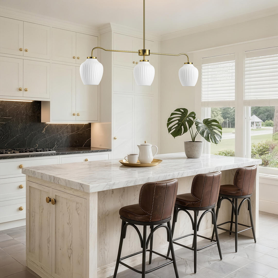 Glimmer 3-Light 36"W Black/Gold Modern Linear Pendant With Frosted Glass Shades For Kitchen Island Or Dining Room #29037