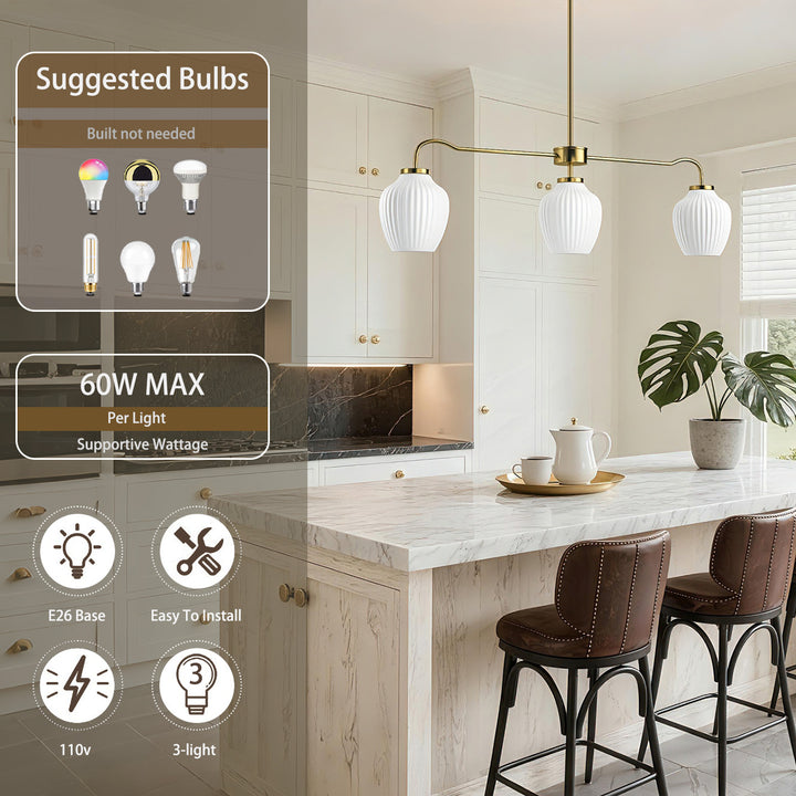 Glimmer 3-Light 36"W Black/Gold Modern Linear Pendant With Frosted Glass Shades For Kitchen Island Or Dining Room #29037