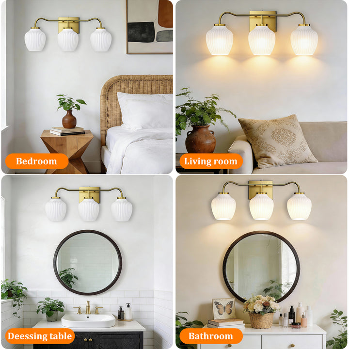 3-light 24''W Dimmable Black Wrought Iron Bathroom Vanity Lights with Frosted Milk White Shade #29037