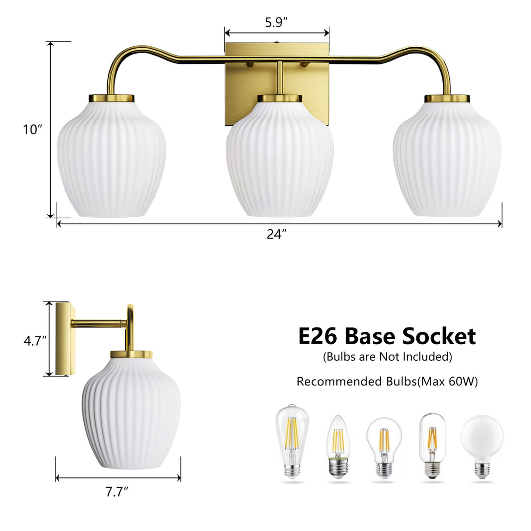 3-light 24''W Dimmable Black Wrought Iron Bathroom Vanity Lights with Frosted Milk White Shade #29037