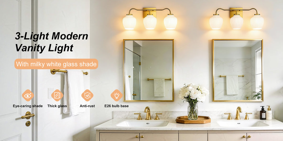 3-light 24''W Dimmable Black Wrought Iron Bathroom Vanity Lights with Frosted Milk White Shade #29037