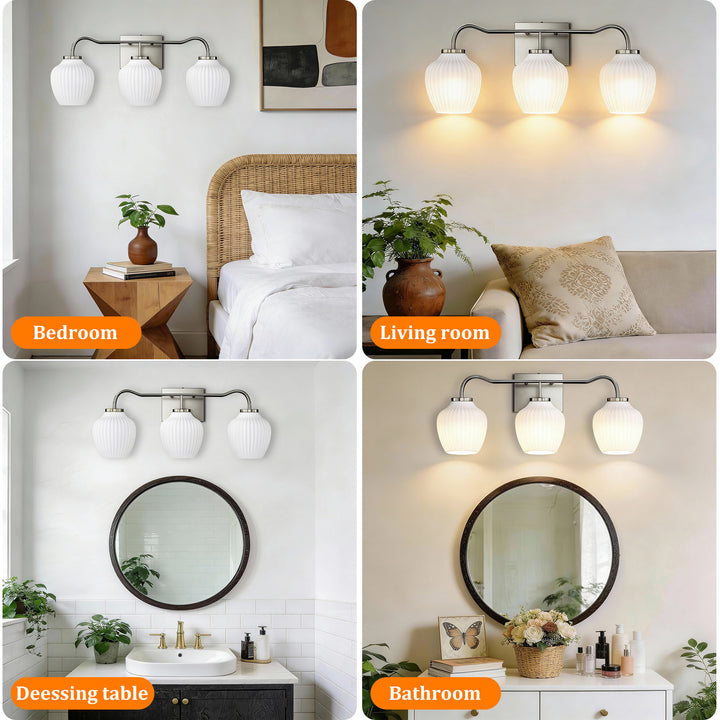 3-light 24''W Dimmable Black Wrought Iron Bathroom Vanity Lights with Frosted Milk White Shade #29037