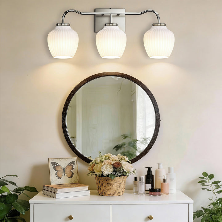 3-light 24''W Dimmable Black Wrought Iron Bathroom Vanity Lights with Frosted Milk White Shade #29037