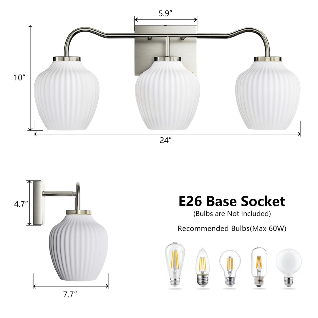 3-light 24''W Dimmable Black Wrought Iron Bathroom Vanity Lights with Frosted Milk White Shade #29037