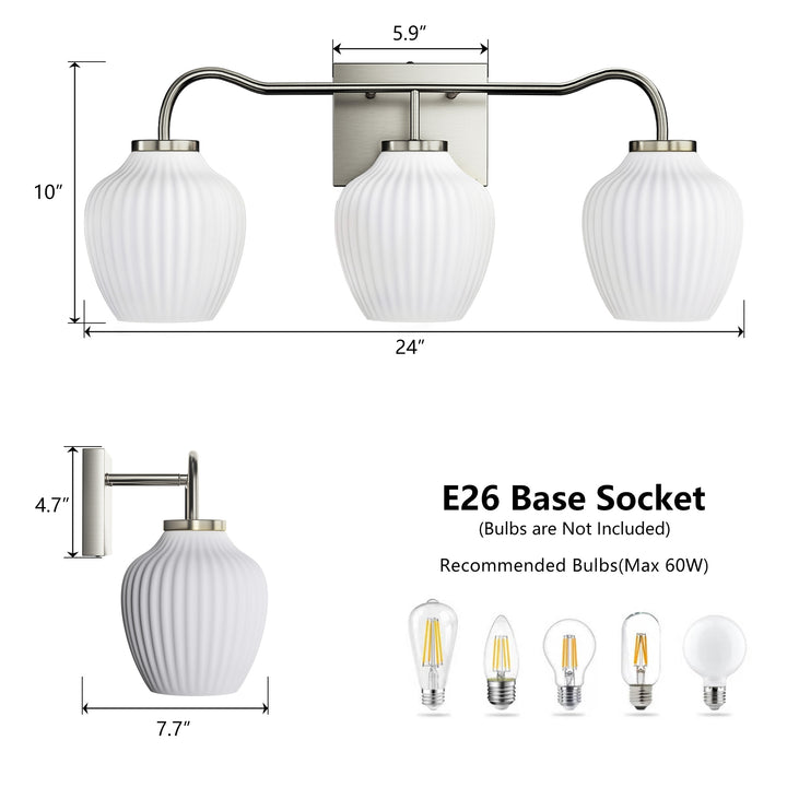 3-light 24''W Dimmable Black Wrought Iron Bathroom Vanity Lights with Frosted Milk White Shade #29037