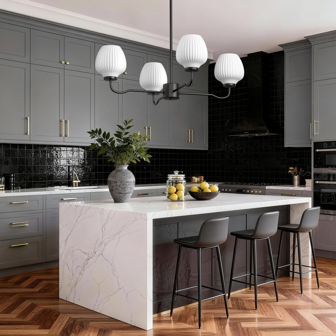 Ray 4-Light 30"W Brass/Black Modern Chandelier With Frosted Vase Glass Shade For Dining Room Or Kitchen Island #29037