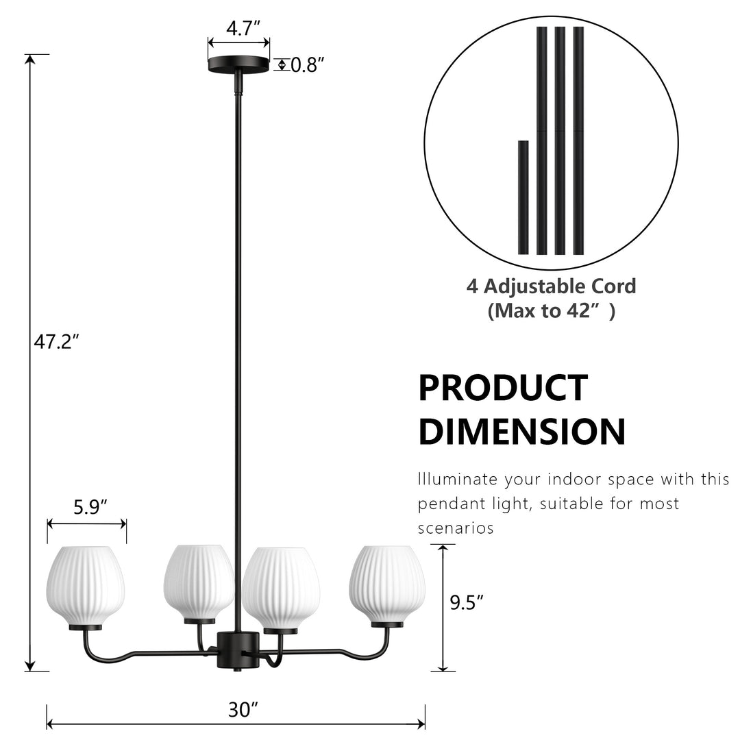 Ray 4-Light 30"W Brass/Black Modern Chandelier With Frosted Vase Glass Shade For Dining Room Or Kitchen Island #29037