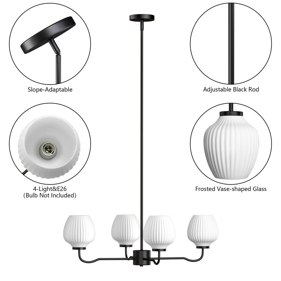 Ray 4-Light 30"W Brass/Black Modern Chandelier With Frosted Vase Glass Shade For Dining Room Or Kitchen Island #29037