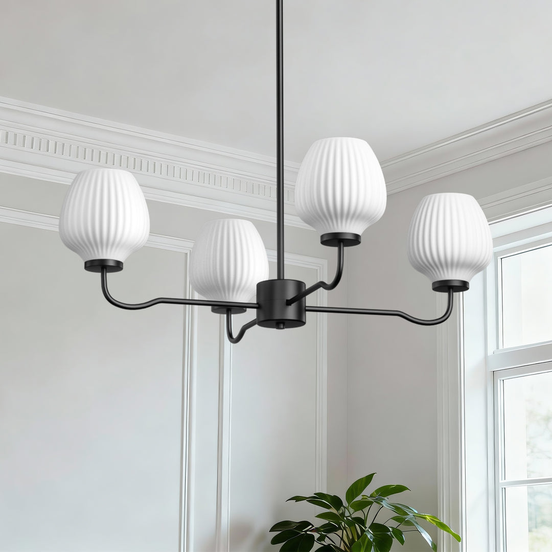 Ray 4-Light 30"W Brass/Black Modern Chandelier With Frosted Vase Glass Shade For Dining Room Or Kitchen Island #29037